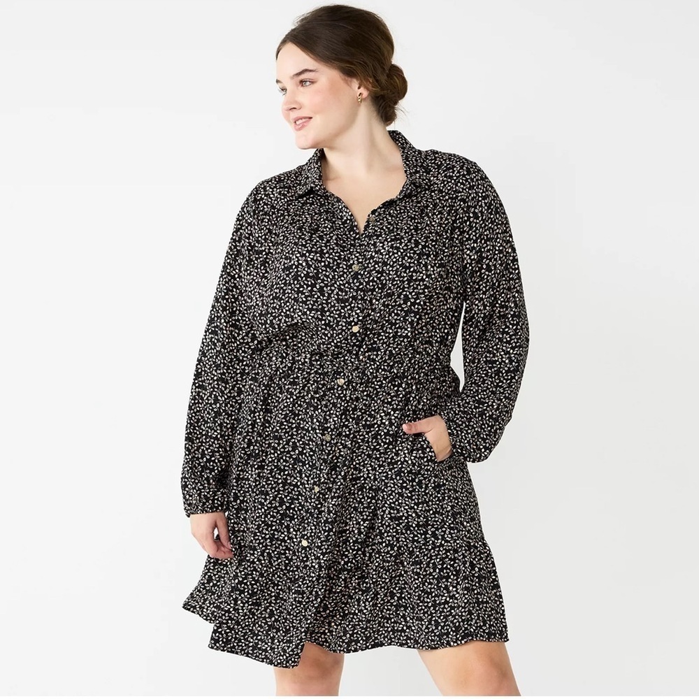 NWT Draper James RSVP Womens 1X Button Front Knot Waist Dress Black Ditsy Floral